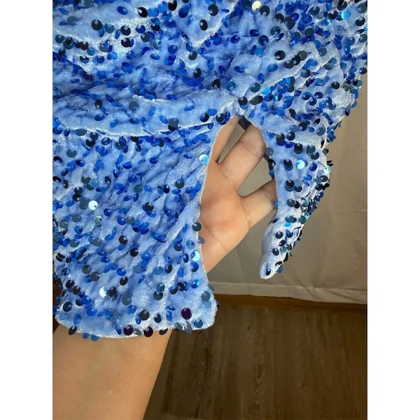 Womens Blue Sequin Ruched Bodycon Mini Dress Sweetheart Off Shoulder - Image 4