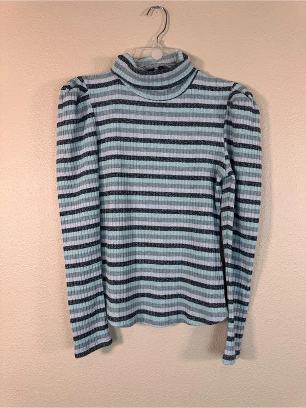 Maeve Anthropologie Blue Striped Puff Shoulder Turtleneck Sweater Womens M Top - Image 13