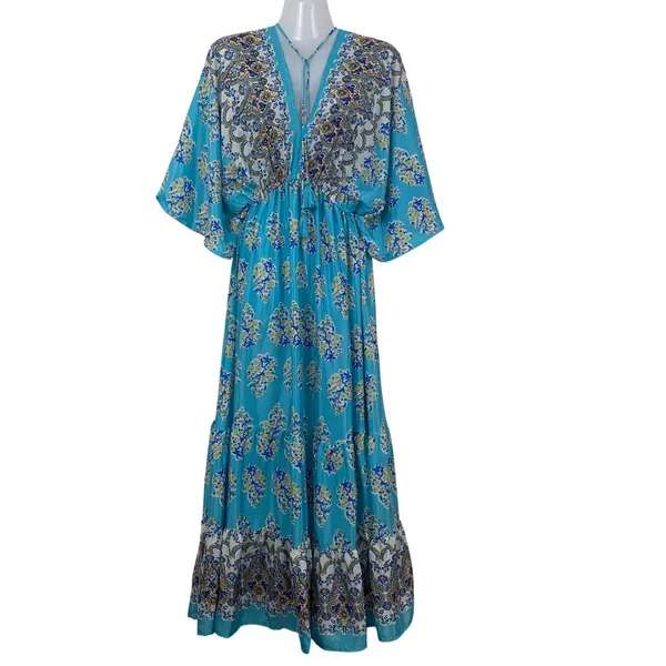 Women's Free Size Turquoise Boho Maxi Dress V-Neck Tassel Tie Kimono Sleeve‎ - Image 2
