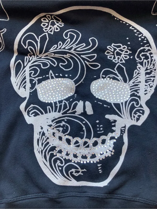 Y2K Crash & Burn Skull Rhinestone Short Sleeve Hoodie Black Size S vintage - Image 10