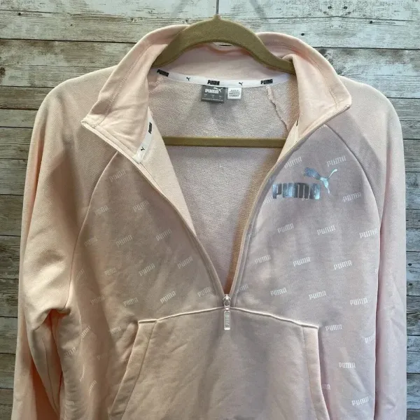 Puma Womens L Sweatshirt Peach‎ 1/2 Zip White Puma Pattern Pullover Athletic - Image 4