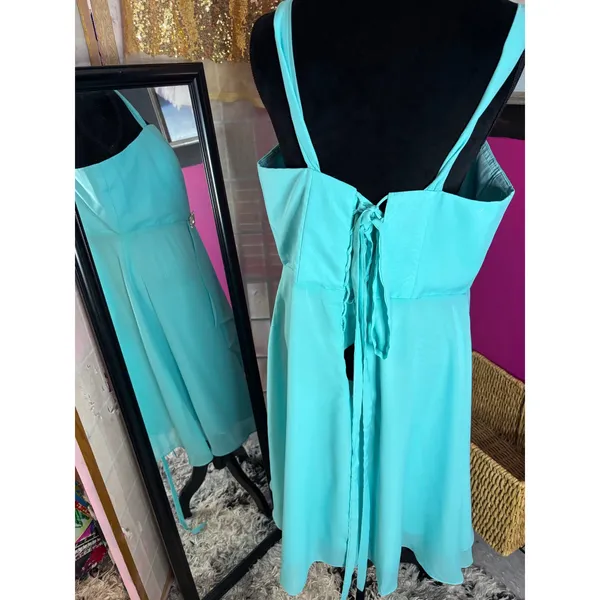 Aqua Blue Pleated Rhinestone Brooch Corset Back‎ Formal Cocktail Dress Size 10 - Image 5