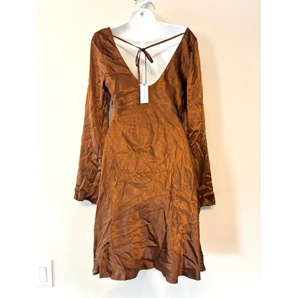 Anthropologie Long Sleeve Silky Satin Cowl Neck Bell Sleeve Mini Dress Brown M - Image 9
