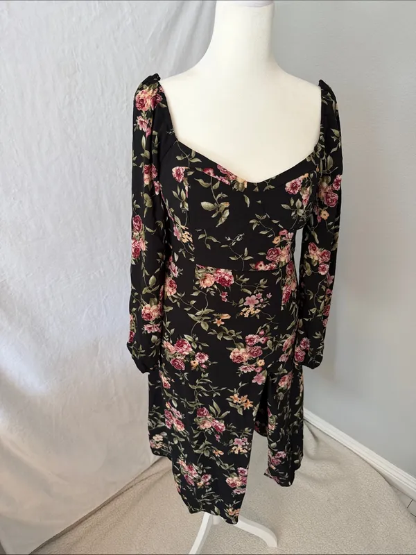 Forever 21 Black Floral Long-Sleeve Midi Dress with Pink Roses - Image 2