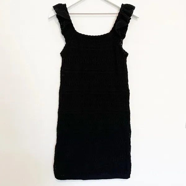 Crochet Mini Dress Size S Black Ruffle Strap Open Knit Lined Party Dark Coquette - Image 9