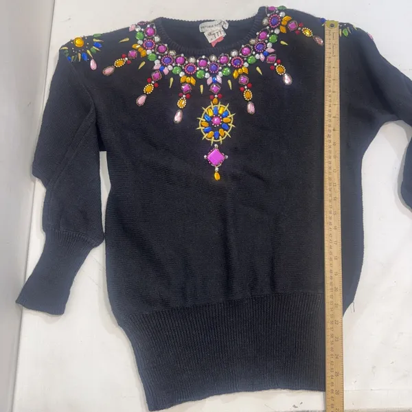Vintage Beaded Jewel Black Sweater 80s 90s Glam Maximalist Statement Artsy Small - Image 7