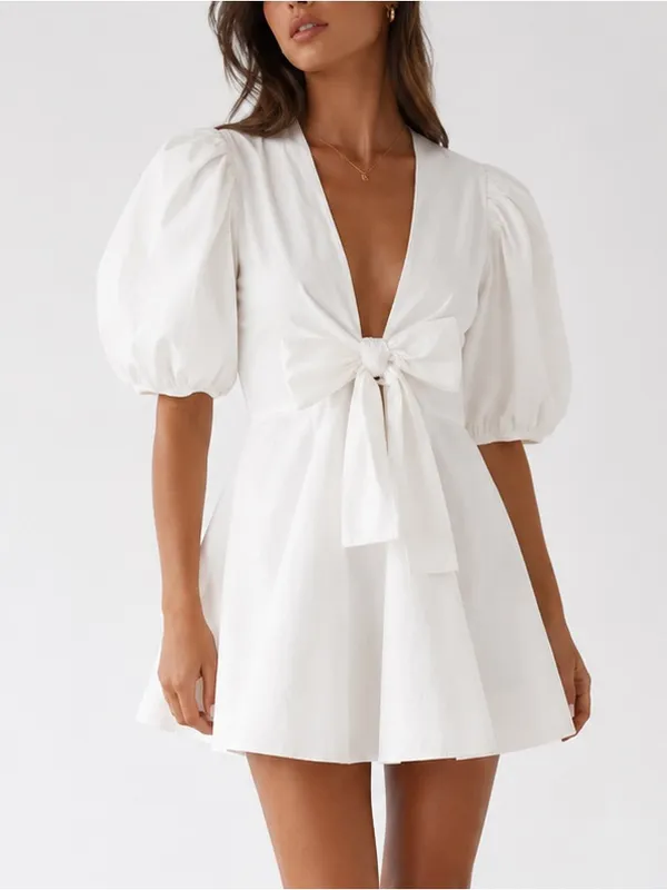 Choosy White Puff Sleeve Tie Front Cottagecore BohoSummer Vacation Mini Dress - Image 10