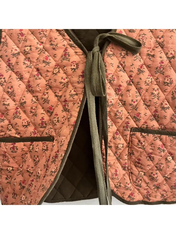 Free People Claudine Quilted Floral Vest In Orange And Olive - Image 5