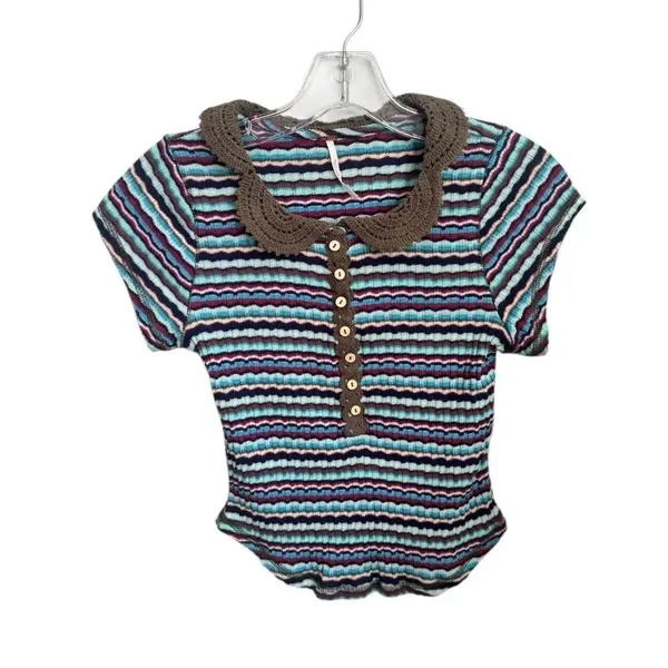 Free People One Way Baby Polo Tee cool combo blue motif NWT S - Image 2