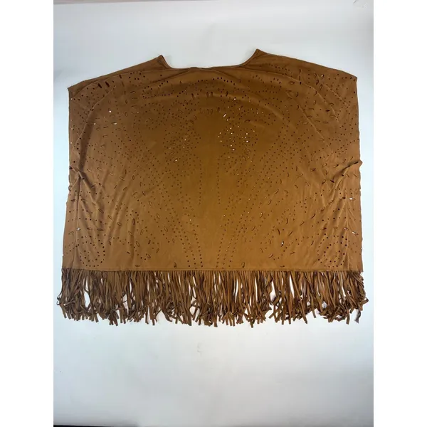 Wrangler Womens Faux Suede Laser Cut Fringe Poncho Brown XL LW4053X - Image 3