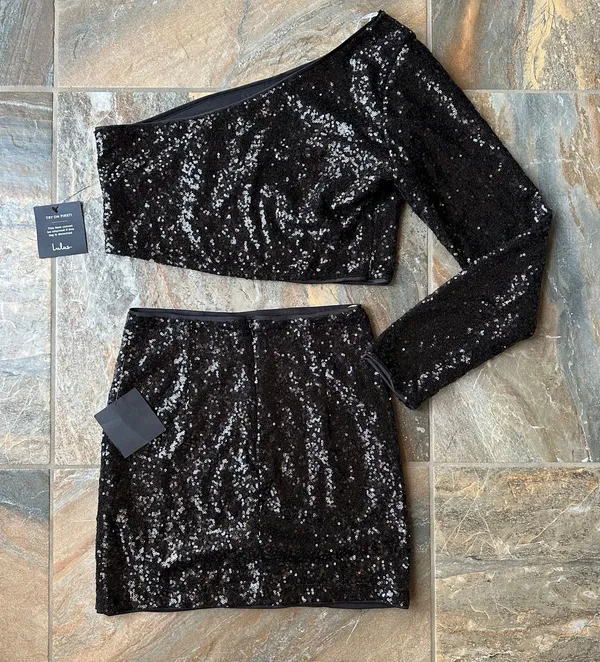 Jackpot Black Sequin One-Shoulder Two-Piece Mini Dress NWT Size Medium - Image 9