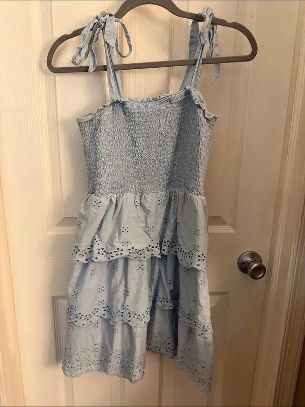 American Eagle Outfitters Soft Blue Eyelet Tiered Tie-Strap Dress - Image 2