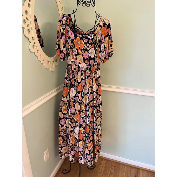 Harlow & Rose Floral Multicolor Polyester Round Neck Short Sleeve Maxi‎ Dress S - Image 3