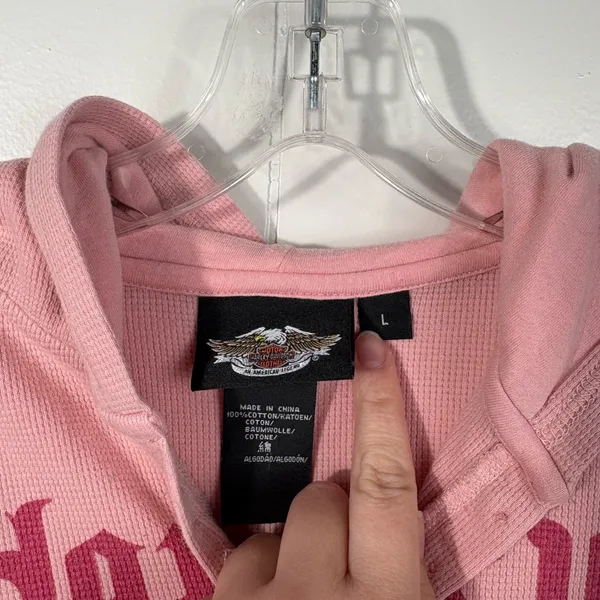 Vintage Y2K Harley Davidson Pink Hooded Thermal Long Sleeve Henley Top Grunge L - Image 3