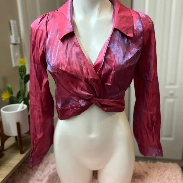 Milk & Honey Red Pink Sheer Crop Top Twist Front Long Sleeve Blouse Size Medium - Image 2