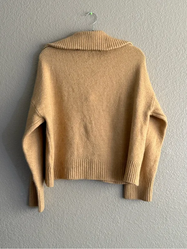 Bershka Beige Quarter Zip Oversized Collar Knit Sweater Pullover Fall Medium - Image 5