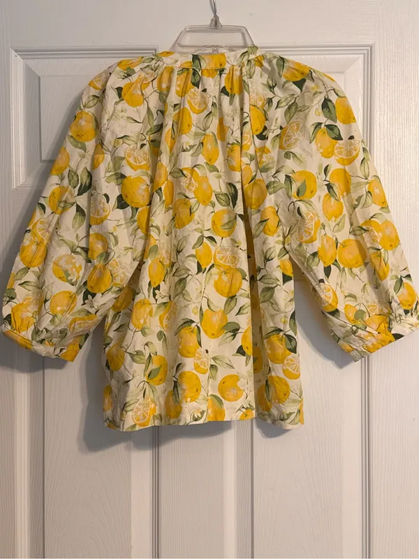 NWOT H&M White Lemon 3/4 Raglan Balloon Sleeved Poplin Cotton Citrus Blouse XS - Image 4