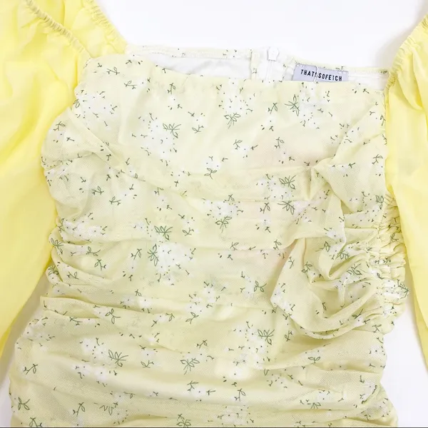 That’sSoFetch Lorde Ruched Puff Sleeve Mini Dress: Yellow Ditsy Floral - Image 8