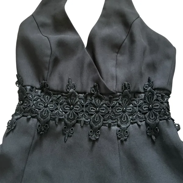Vintage Dave & Johnny black beaded lace haltertop dress a-line open back sz 6 - Image 6