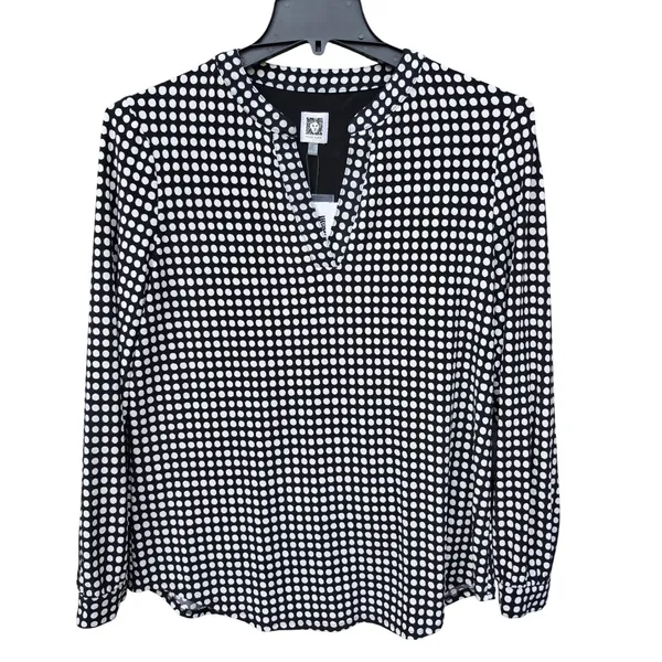 Anne Klein NWT Womens Polka Dot Split Neck Long Sleeve Blouse Black White Size M - Image 2