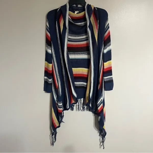 Billabong Women Fringe Cardigan Sweater Med Longline Colorful‎ Stripe Boho Open - Image 2