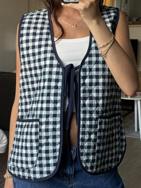 FREE PEOPLE Claudine Quilted Vest in Gingham Blue Size X-Small - Image 3