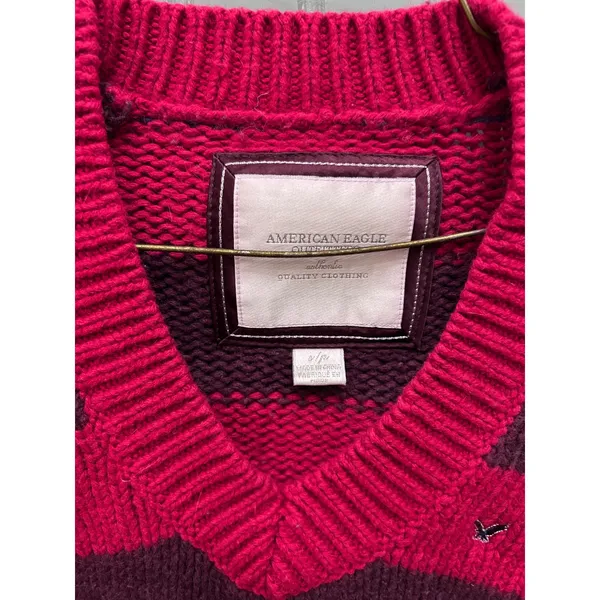 Y2K American Eagle Womens Pink Purple Striped V-Neck Chunky Knit‎ Sweater Small - Image 4