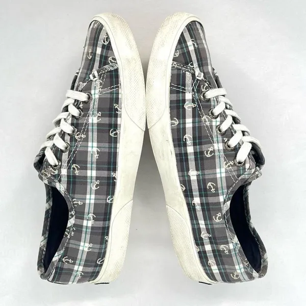 Sperry Pier View Anchor Plaid Gray Blue White Canvas Laced Slip On Sneakers 7.5 - Image 4