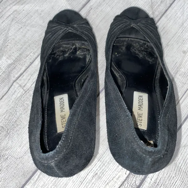 Steve Madden suede open toe heels black upper w/ brown heels sz 8 - Image 6