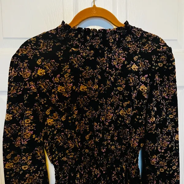 SheIn Black Floral Long Sleeve Mock Neck Smocked Waist Mini Dress XS Whimsical Gothic - Image 7