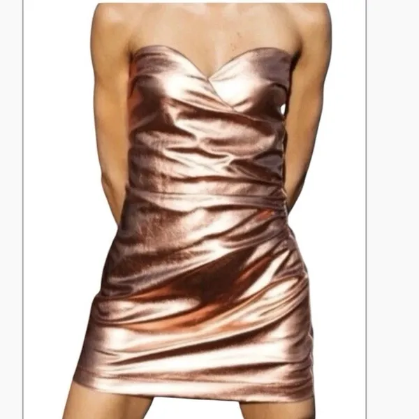 Zara Copper Rose Gold Metallic Draped Dress w Shorts Sz Medium Strapless | 27-17 - Image 2