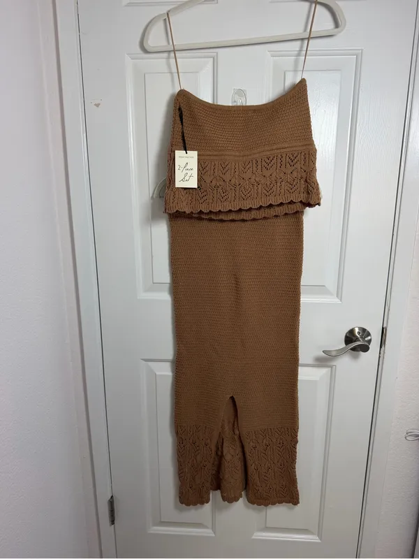 Freshman Brown Crochet Knit Maxi Skirt Set - Image 3