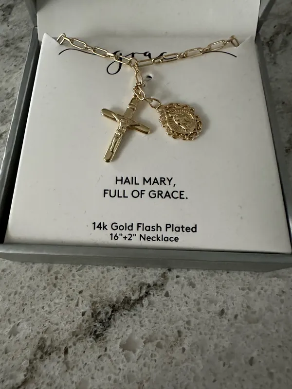 Gratitude & Grace 14k Gold Plated Virgin Mary Charm & Cross Pendant Necklace - Image 6
