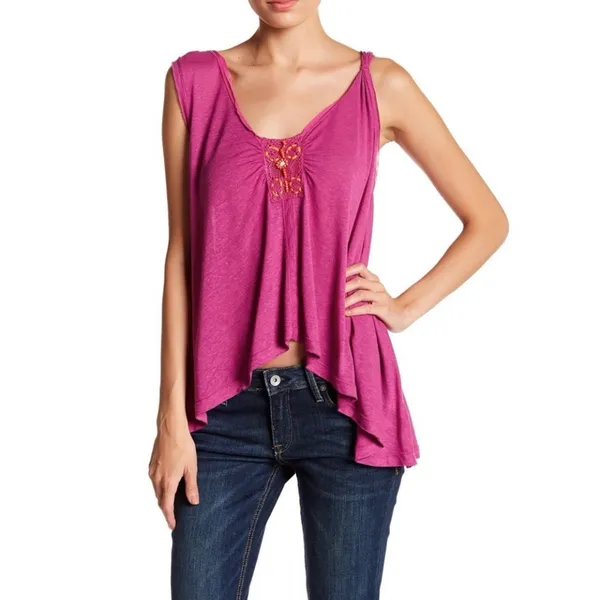 Free People New Vibes Tank Top Pink Small S Lightweight Embellished Boho NWT - Image 5