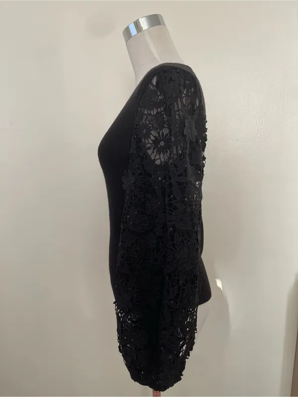 French Connection Black Ribbed Sweater Top with sheer embroidery sleeves - Image 2