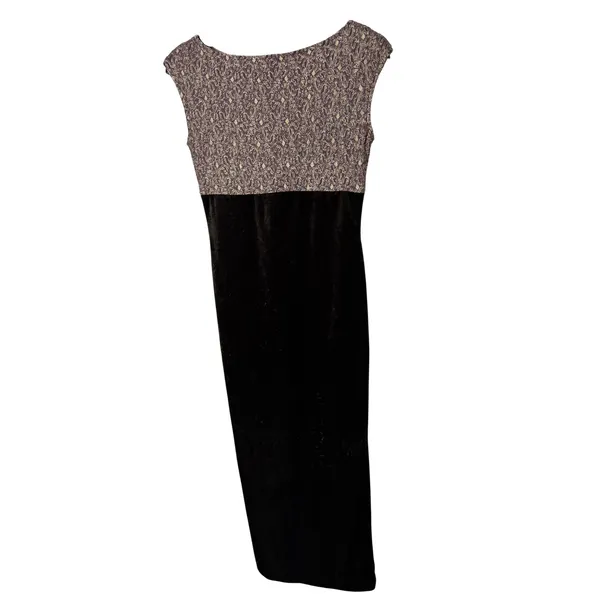 Opera Vintage Brown Velvet Gold Lace Maxi‎ Dress Sleeveless Side Slit Small - Image 7