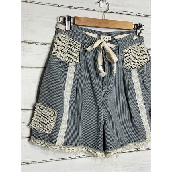 POL Crochet Drawstring Shorts Small Blue White Denim Cotton - Image 2
