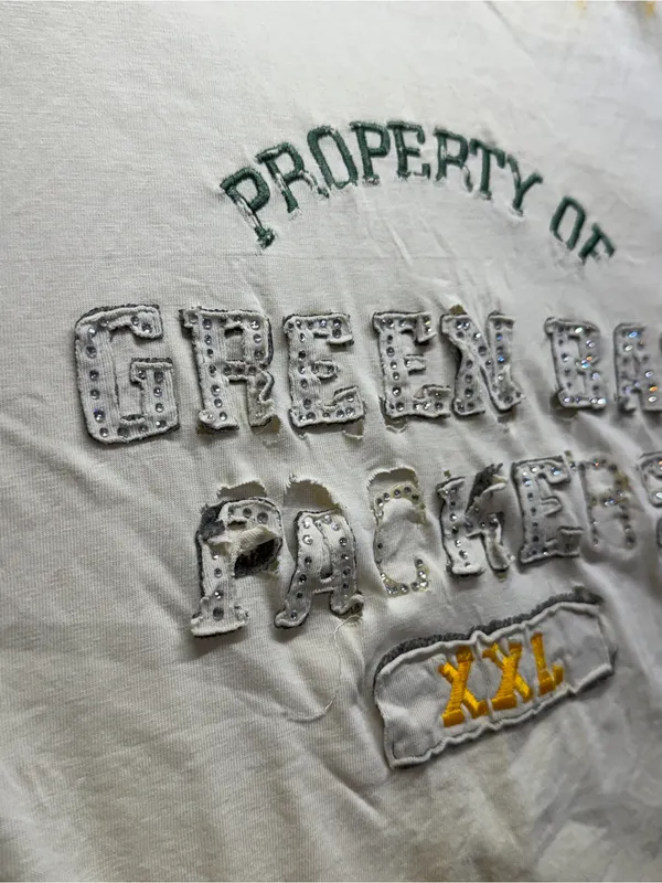 Vintage Reebok Green Bay Packers XXL Distressed Bleach Dyed Rhinestone T-Shirt - Image 4