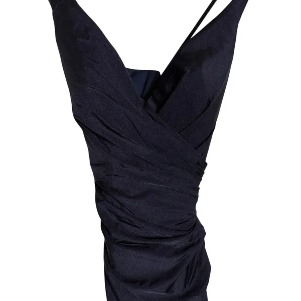La Femme Navy Ruched Jersey V-Neck Slit Formal Gown Dress Tie Up Back Size 0 - Image 4