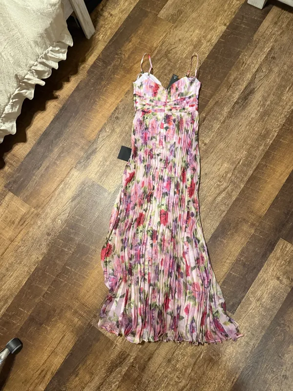 Lulus Samika Pink Multi Floral Satin Pleated Maxi Dress - Image 2
