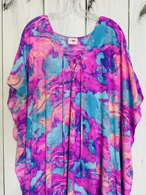 Buddy Love Maxi Caftan Dress Womens Sz L Blue Pink Abstract Boho Resort - Image 2