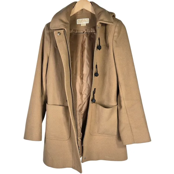 MICHAEL Michael Kors Tan Wool Blend Hooded Duffle Coat Toggle‎ Closure Size 10 - Image 3
