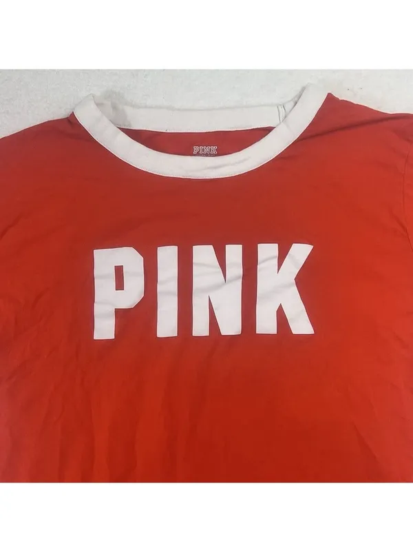PINK Victoria's Secret Short Sleeve T-Shirt Medium Campus Ringer Crew Orange - Image 4