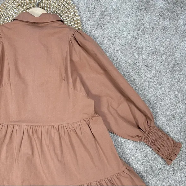 Bohme Makayla Mini Dress Smocked Balloon Sleeve Button Ruffle Tiered in Clay S - Image 10