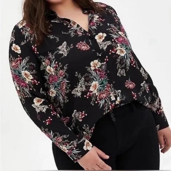Torrid Black Floral Butterfly Long Sleeve Button Up Shirt Blouse Womens 1X 14 16 - Image 2