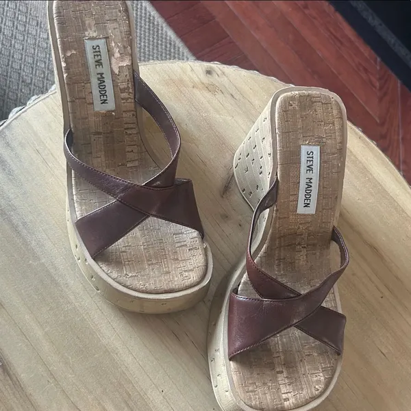 Steve Madden Colins Brown Leather Wooden Platform Wedge Sandals Size 7.5 - Image 4