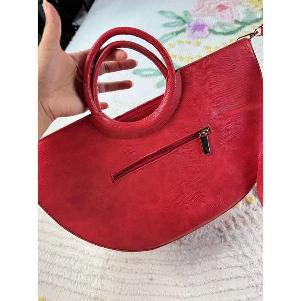 Red Faux Lizard‎ Pleated Fan Handbag Crossbody Half Moon Satchel Gold Hardware - Image 5