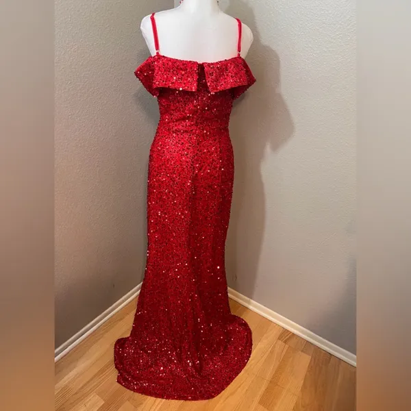 Boutique #613 Red Sequin Off The Shoulder Straps Gown - M-Size 10/12 - Image 3
