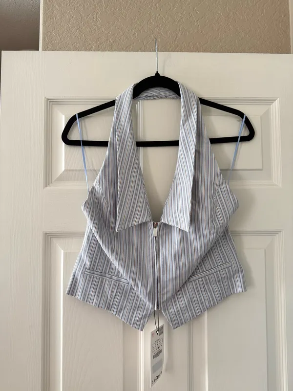 BNWT Zara Blue, Cream & Brown Striped Collared Vest Halter Top - Image 8