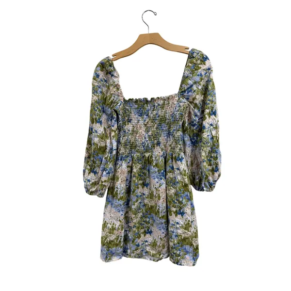 Reformation Linen Floral Greyson Smocked Mini Dress‎ Puff Sleeve Size M - Image 5